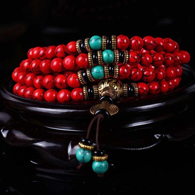 Pulsera con collar de la suerte, mala tibetana, Buddha Stones , color rojo y turquesa