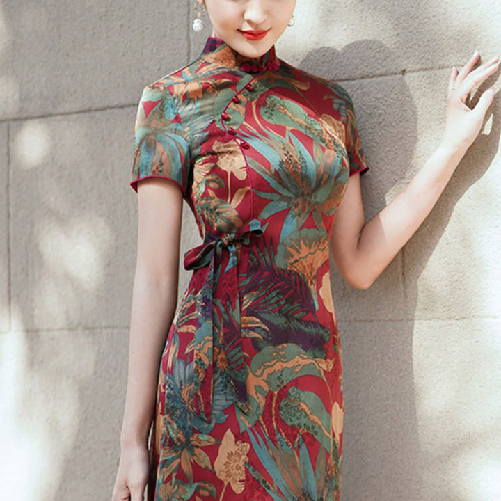 Vestido Qipao de seda con Buddha Stones, vestido Cheongsam con patrón de hojas y flores Retro para mujer