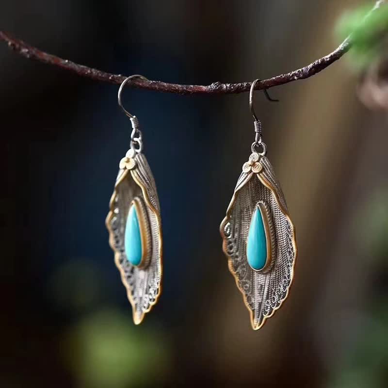 Pendientes colgantes de plata de ley 925 con diseño de hoja de Bodhi turquesa