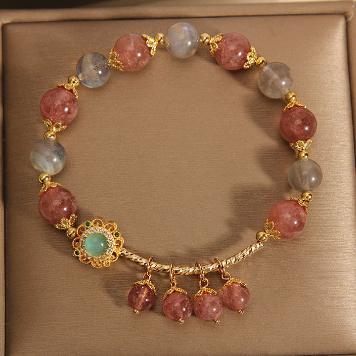 Pulsera con dije de borla curativa con piedra lunar de cuarzo fresa y Buddha Stones