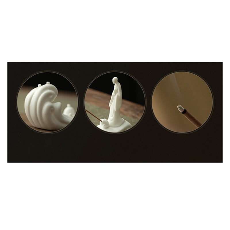 Quemador de incienso de cerámica con bendición de montaña, ola de mar, monje Buda, decoración