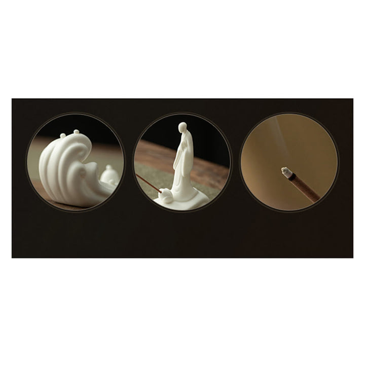 Quemador de incienso de cerámica con bendición de montaña, ola de mar, monje Buda, decoración