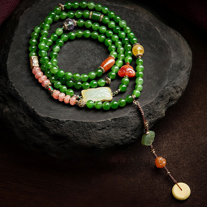 Buddha Stones 108 cuentas Mala cian Jade ágata roja pulsera de la suerte de Buda sonriente