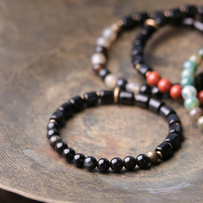 Pulsera de pareja de paz con Buddha Stones, madera de ébano, jaspe rojo, ágata de musgo, cristal, cobre