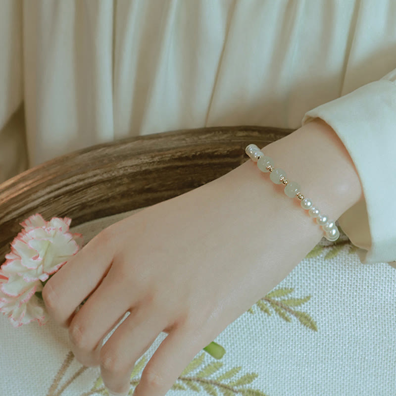 Pulsera de cadena de cuentas de sinceridad de jade blanco de jade cian hetiano de perlas naturales chapadas en oro de 14 quilates