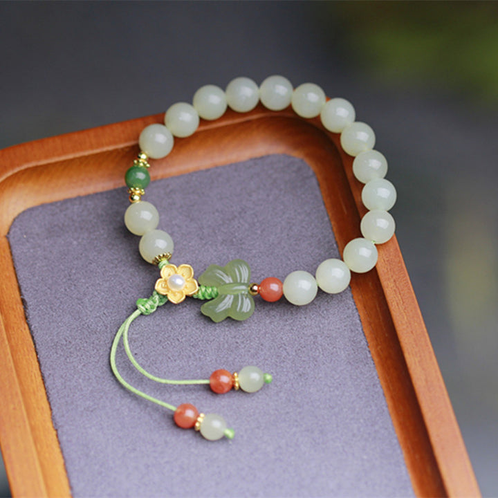 Pulsera de mariposa y flor de la suerte de jade de plata de ley 925 con Buddha Stones