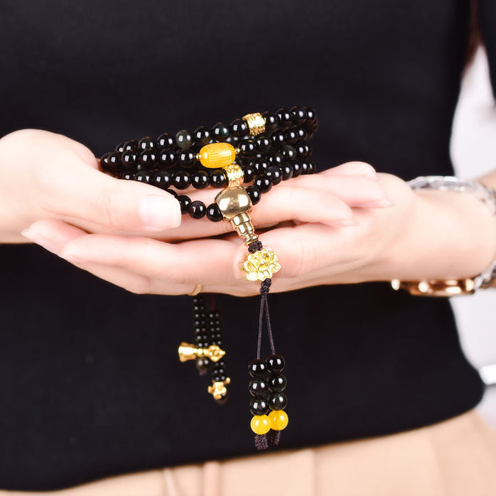 Pulsera Mala de cumplimiento de loto de obsidiana negra natural con 108 Buddha Stones