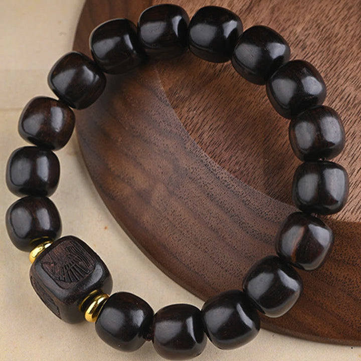 Pulsera de equilibrio de la suerte y el tesoro, cuentas de barril de madera de ébano tibetano, Buddha Stones