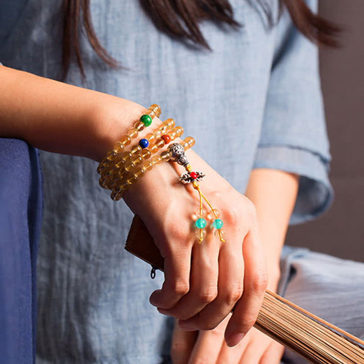 Plata de Ley 925, 108 cuentas de Mala, citrino Natural, ágata roja, ámbar, pulsera con dijes de placer