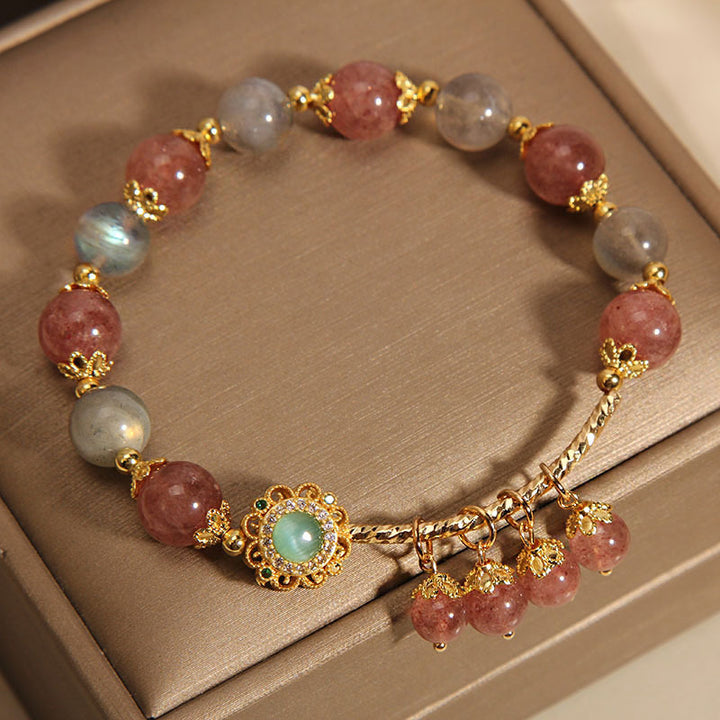 Pulsera con dije de borla curativa con piedra lunar de cuarzo fresa y Buddha Stones