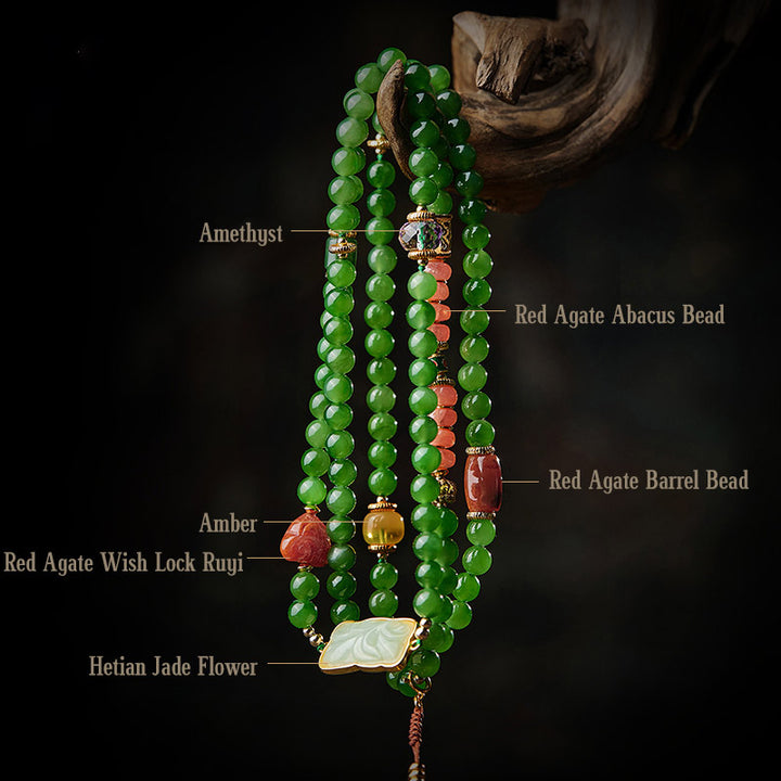 Buddha Stones 108 cuentas Mala cian Jade ágata roja pulsera de la suerte de Buda sonriente