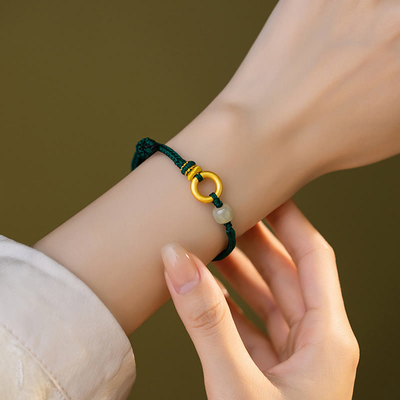 Pulsera trenzada de cuerda verde de la suerte con cuentas de jade hetiano y hebilla de la paz de plata de ley 999 con Buddha Stones