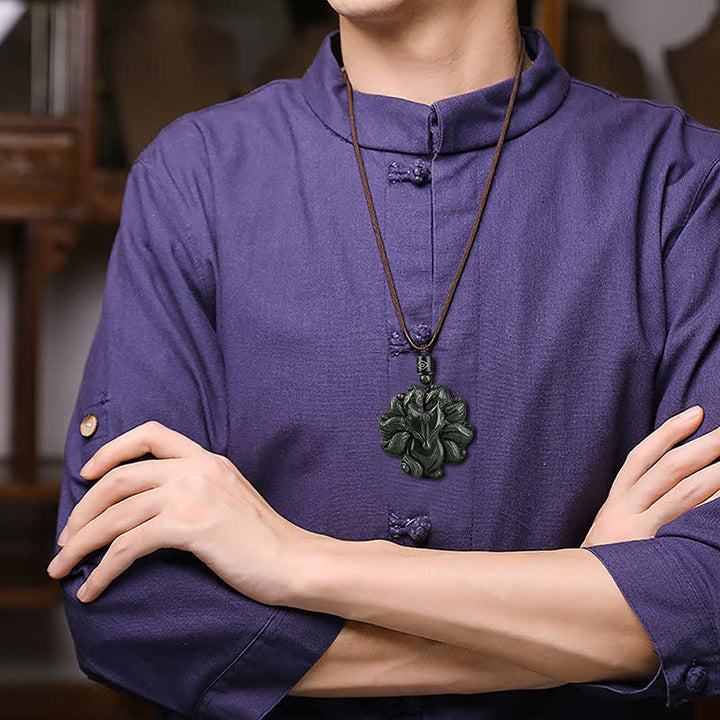 Colgante de cadena con collar de suerte de zorro de nueve colas de jade cian hetiano