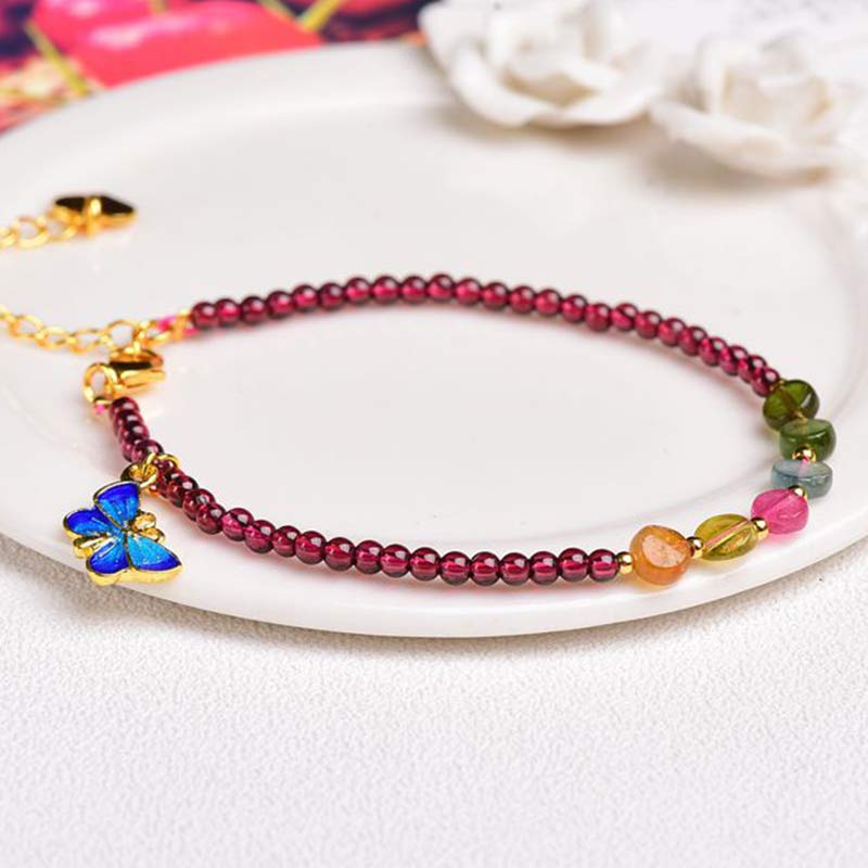 Tobillera Pulsera Protección Mariposa Turmalina Granate