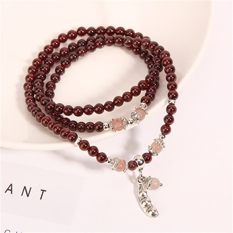 Pulsera de triple envoltura con Buddha Stones, granate natural, fresa, cuarzo, judías verdes, protección PiXiu