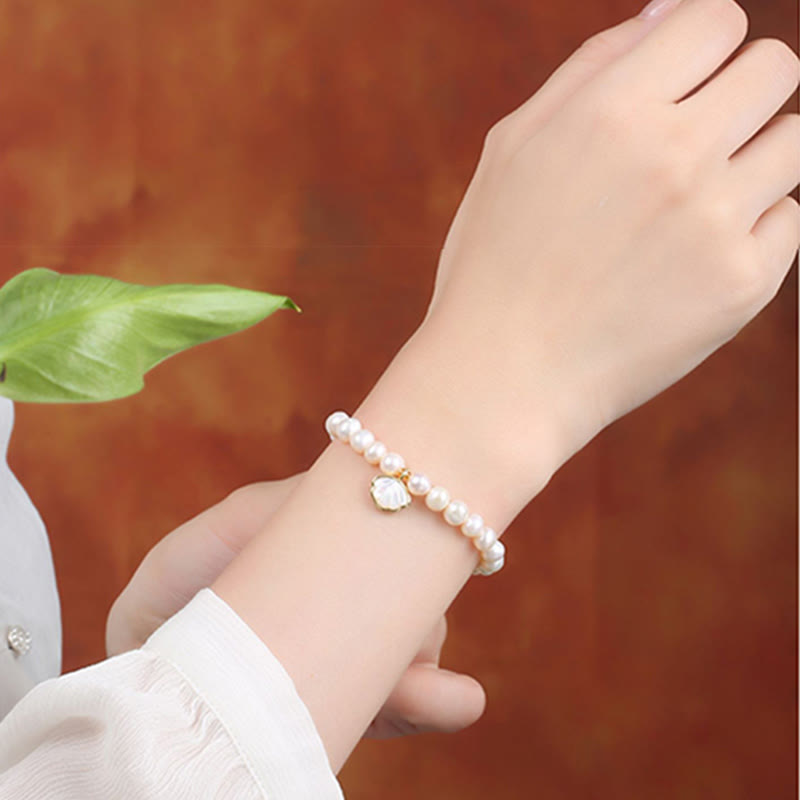 Pulsera de cuentas con dije de concha de cristal y perlas naturales chapadas en oro de 14 quilates con Buddha Stones