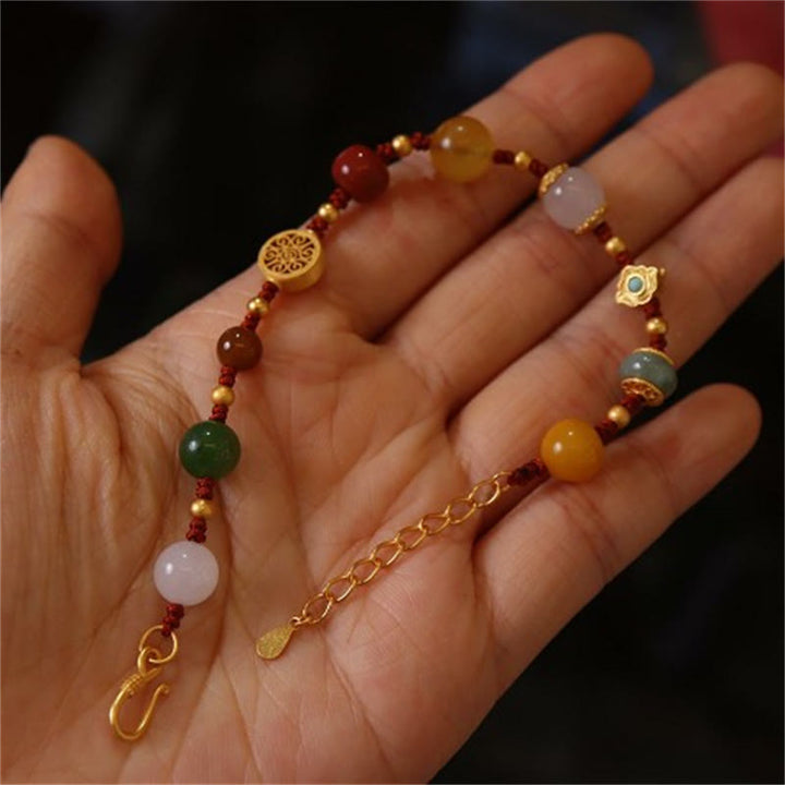 Pulsera de la suerte con cristales de ágata roja, ámbar y Jade hetiano Natural de Plata de Ley 925