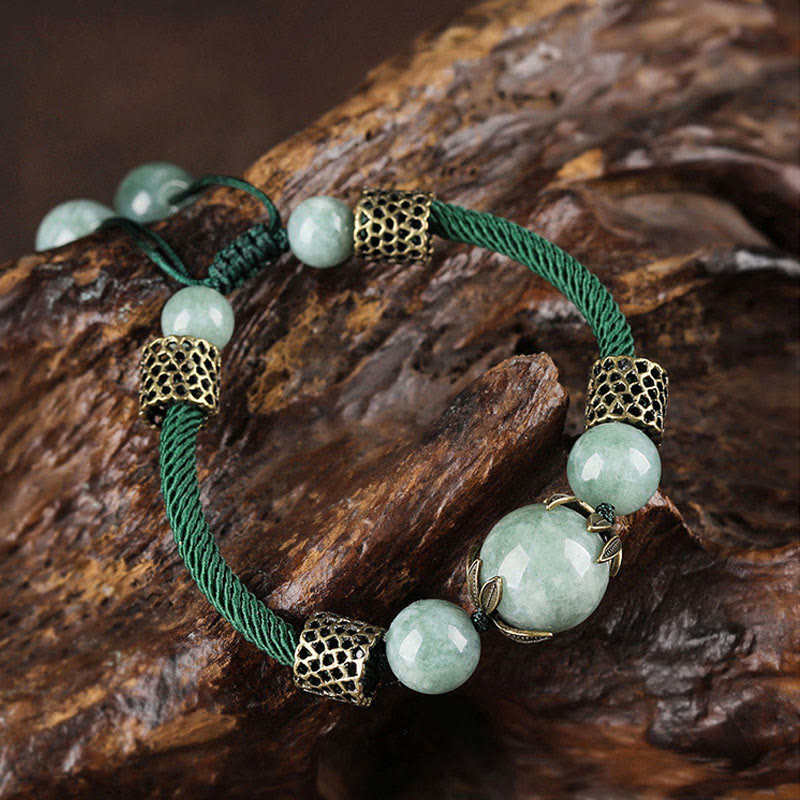 Pulsera de prosperidad con cuentas de jade de la suerte y cuerda verde hecha a mano con Buddha Stones