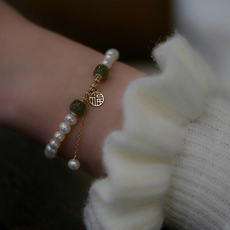 Pulsera de cuentas de sabiduría de felicidad de jade hetiano de perlas naturales