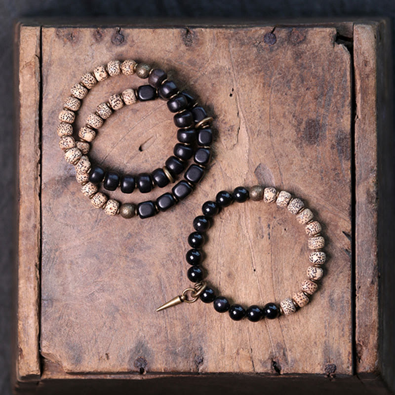 Pulsera de paz de cobre y madera de ébano, obsidiana negra, semilla de Bodhi tibetana, Buddha Stones