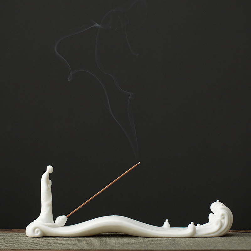 Quemador de incienso de cerámica con bendición de montaña, ola de mar, monje Buda, decoración