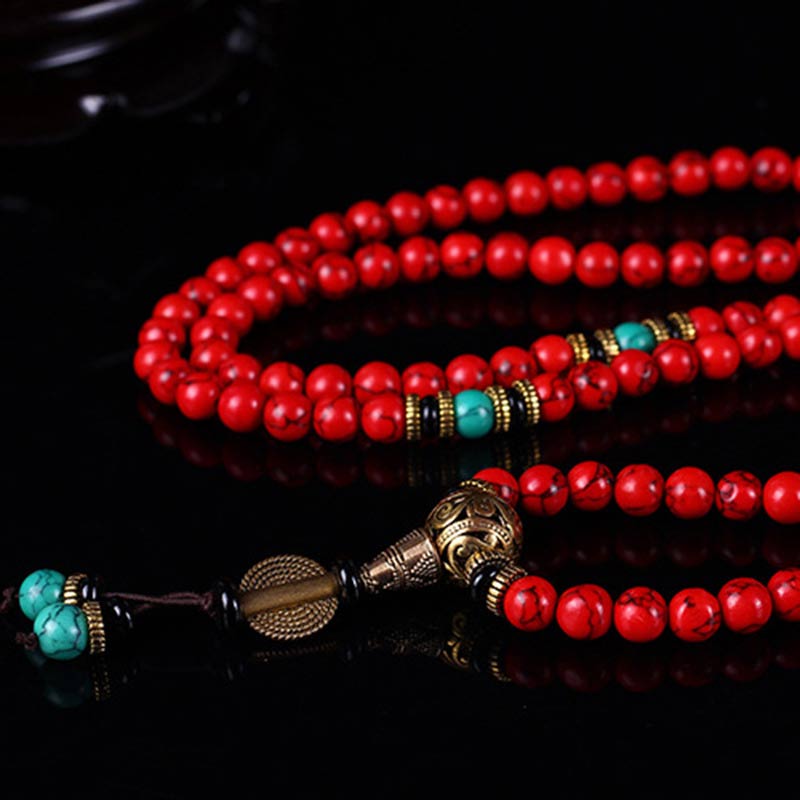 Pulsera con collar de la suerte, mala tibetana, Buddha Stones , color rojo y turquesa