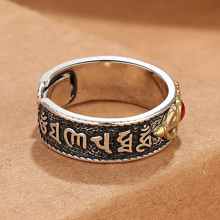 Anillo de sabiduría con diseño de Dorje Vajra de ágata roja tibetana Om Mani Padme Hum con Buddha Stones