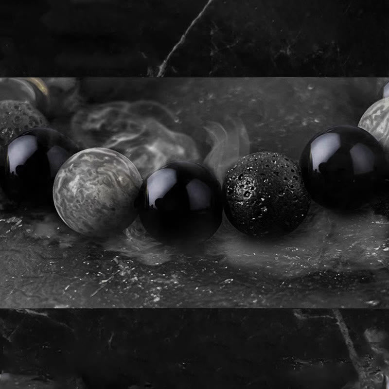 Pulsera de fuerza Yin Yang de piedra de roca de lava de obsidiana negra con Buddha Stones
