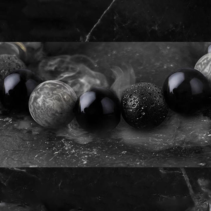 Pulsera de fuerza Yin Yang de piedra de roca de lava de obsidiana negra con Buddha Stones