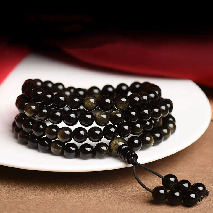 Pulsera de riqueza de obsidiana con brillo de oro natural, cuentas de Mala, 108 Buddha Stones