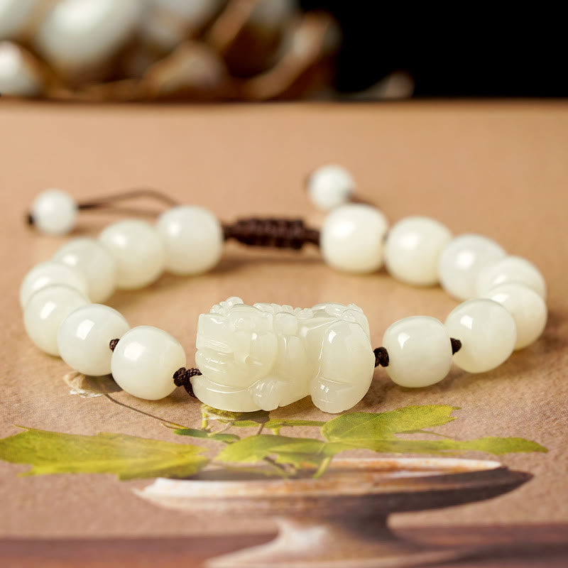 Pulsera de hilo de riqueza PiXiu de jade blanco hetiano natural con Buddha Stones