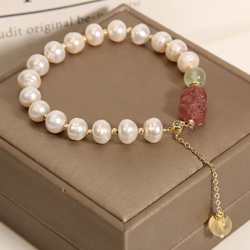 Pulsera con dijes de optimismo PiXiu, cuarzo fresa, perlas naturales , Buddha Stones