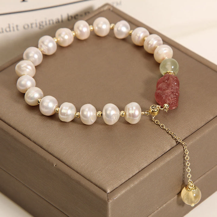 Pulsera con dijes de optimismo PiXiu, cuarzo fresa, perlas naturales , Buddha Stones
