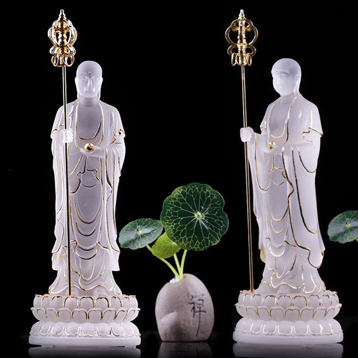 Buddha Stones hechas a mano, estatuilla de Bodhisattva Ksitigarbha, pieza de arte de cristal Liuli, estatua de serenidad, decoración del hogar