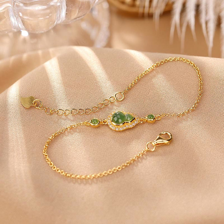 Juego de anillos de pulsera de la suerte con forma de calabaza de jade cian hetiano natural chapado en plata de ley 925 con Buddha Stones