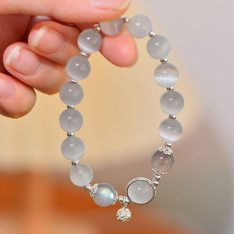 Pulsera de apoyo de amor con piedra lunar y ojo de gato de plata de ley 925 de Buddha Stones