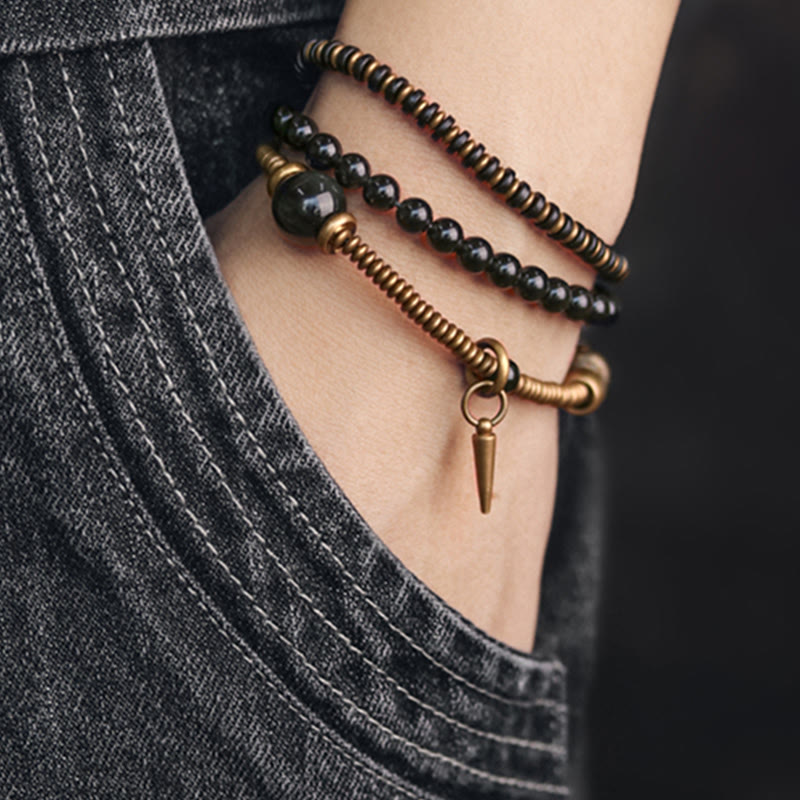 Pulsera de triple envoltura curativa de cobre y madera de ébano, obsidiana arcoíris con Buddha Stones