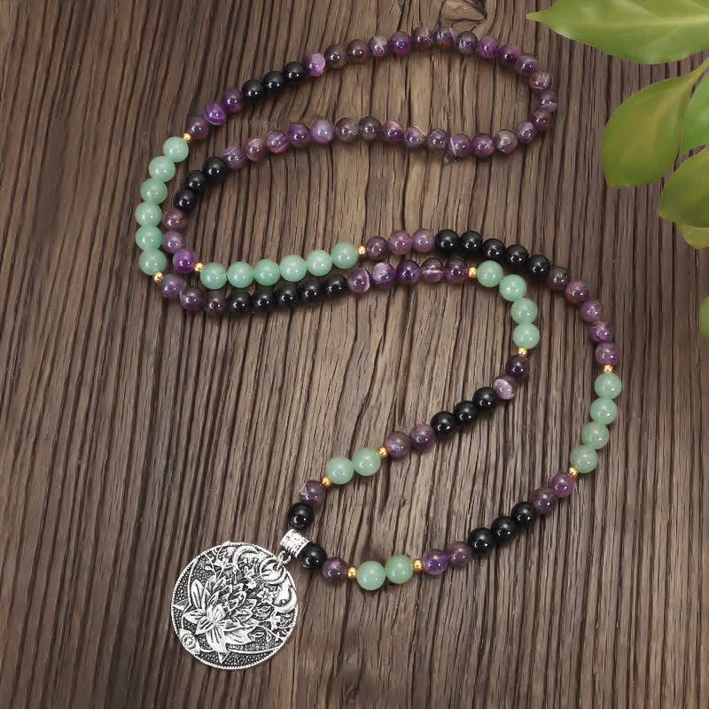 Pulsera de meditación con Buddha Stones , 108 cuentas Mala, amatista, aventurina verde, loto