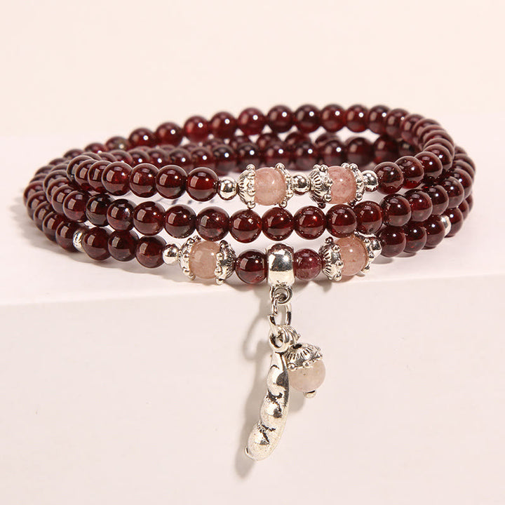Pulsera de triple envoltura con Buddha Stones, granate natural, fresa, cuarzo, judías verdes, protección PiXiu