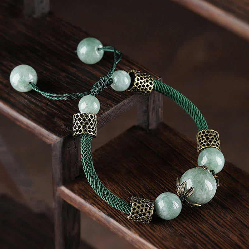 Pulsera de prosperidad con cuentas de jade de la suerte y cuerda verde hecha a mano con Buddha Stones