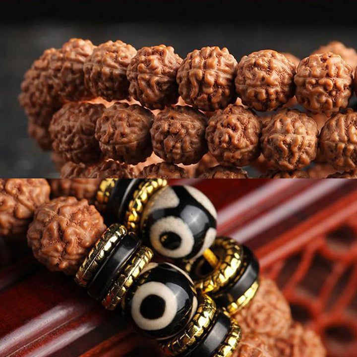 Buddha Stones 108 cuentas Mala Rudraksha Bodhi Semilla Dzi cuentas suerte pulsera de riqueza