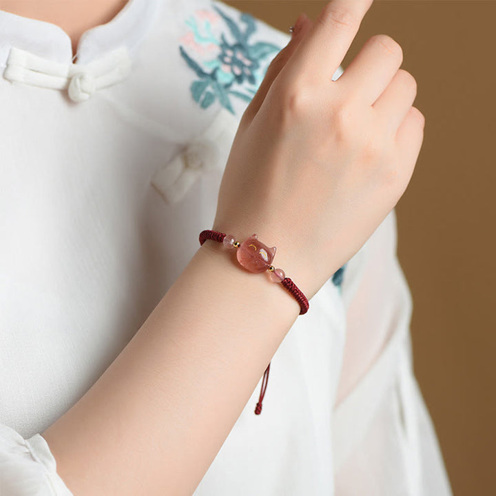 Buddha Stones hechas a mano, plata Natural brillante, obsidiana, cuarzo fresa, pulsera trenzada de protección de gato lindo - image 12