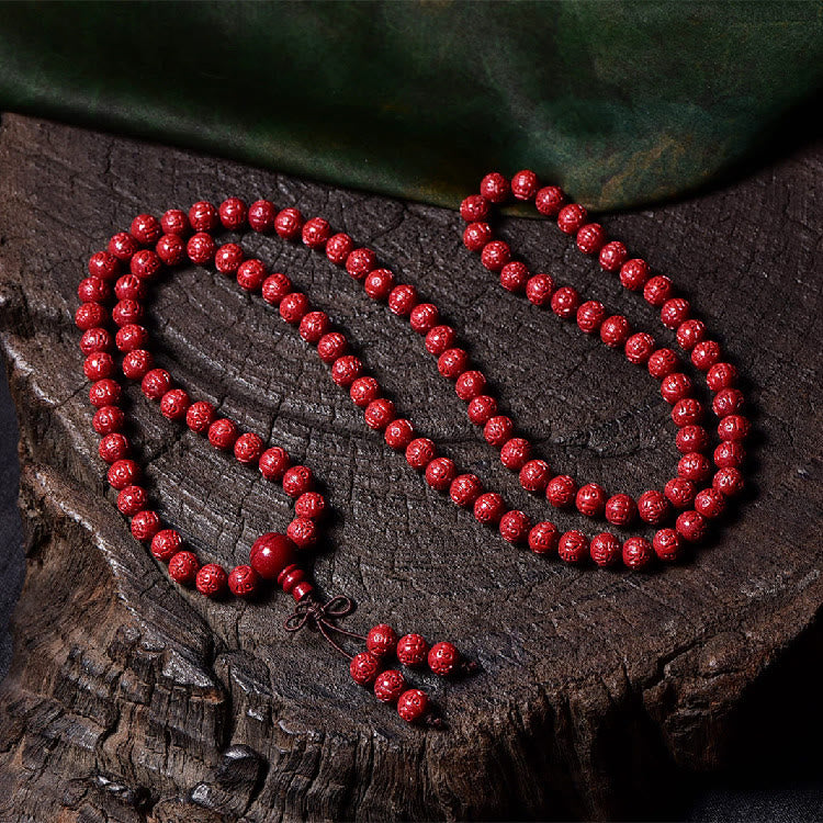 Buddha Stones 108 cuentas Mala cinabrio Om Mani Padme Hum patrón grabado pulsera de bendición