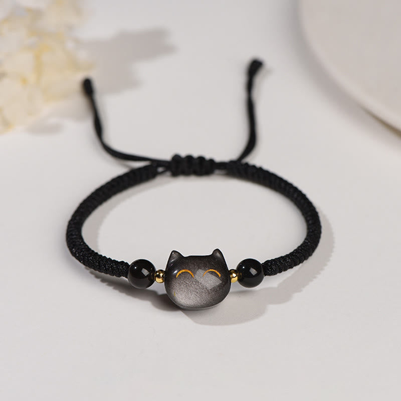 Buddha Stones hechas a mano, plata Natural brillante, obsidiana, cuarzo fresa, pulsera trenzada de protección de gato lindo - Obsidiana con brillo plateado (Comunicación ♥Relajante) - Gato sonriente - image 1