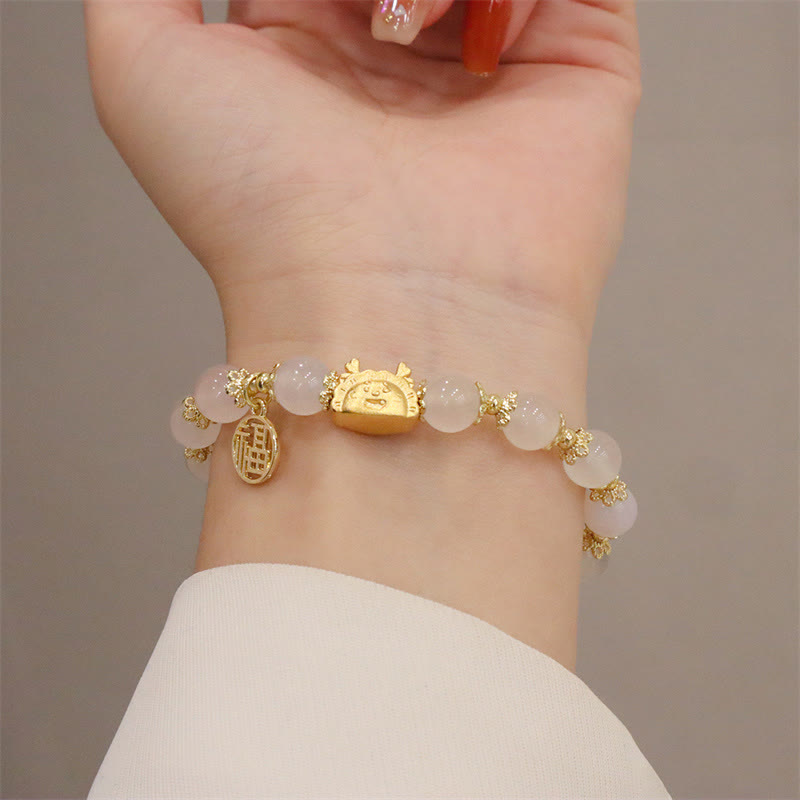 Buddha Stones Año del Dragón Ágata roja Cuarzo fresa Obsidiana negra Jade Granate Perla Cinabrio Bola de masa Dragón Suerte Fu Pulsera con personajes - image 8