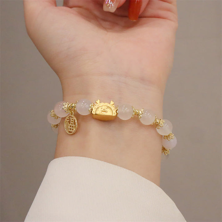 Buddha Stones Año del Dragón Ágata roja Cuarzo fresa Obsidiana negra Jade Granate Perla Cinabrio Bola de masa Dragón Suerte Fu Pulsera con personajes - image 8