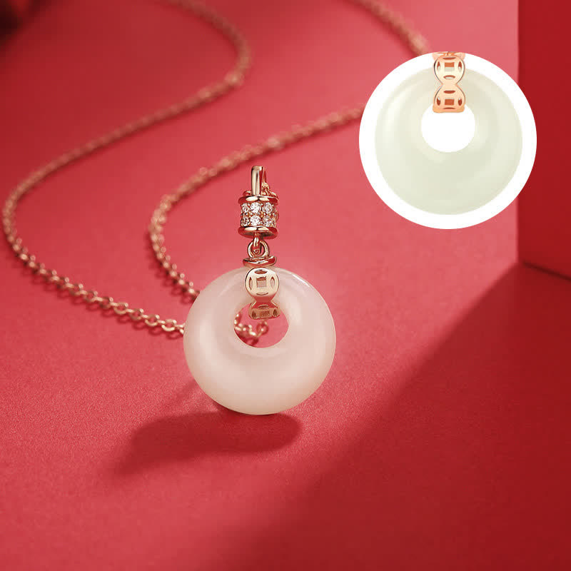 Colgante de plata de ley 925 con moneda de jade blanco hetiano, flor, hebilla de la paz, suerte