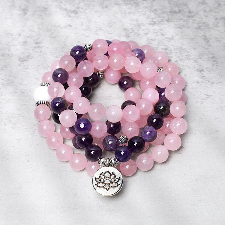 Pulsera con colgante de loto con cuentas Mala de cuarzo rosa natural y amatista con Buddha Stones