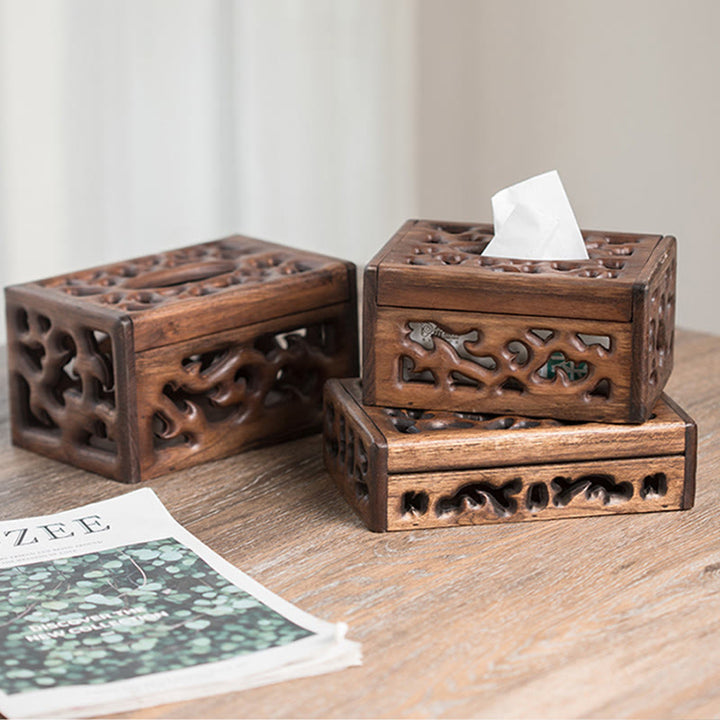 Caja de pañuelos de madera Retro, soporte de pañuelos de madera grabado, cajas de toallitas, decoración