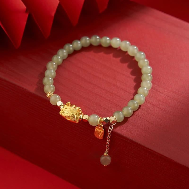 Buddha Stones Año del Dragón Dumpling Ágata Roja Natural Granate Hetian Jade Fu Personaje Suerte Éxito Pulsera